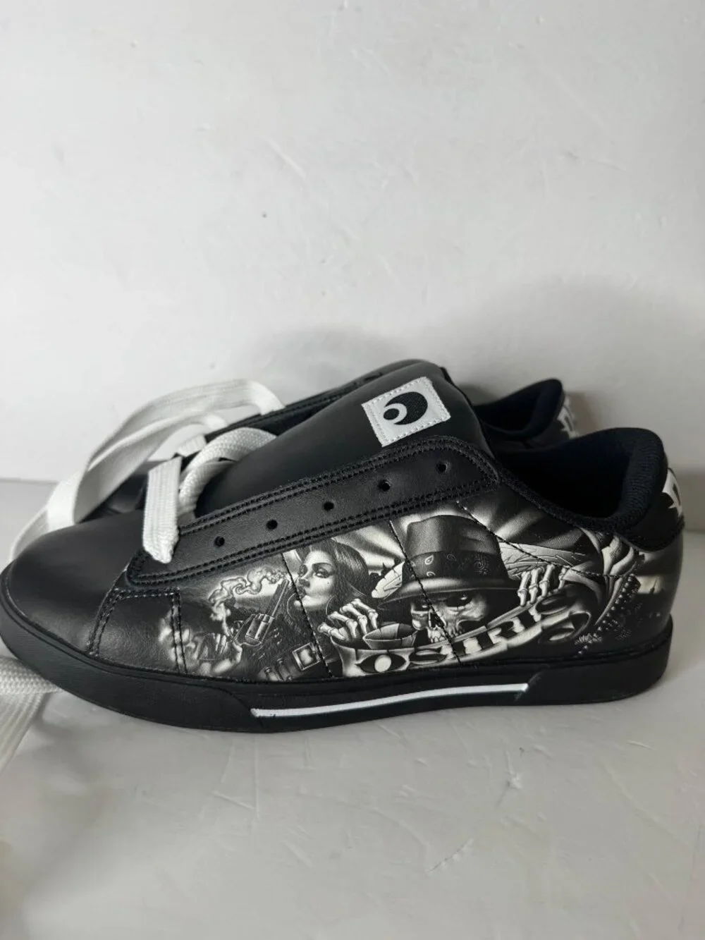 Osiris Serve Abel Y2K Skate Sneaker Tattoo Skull Pistol Black White US 9 EU 42